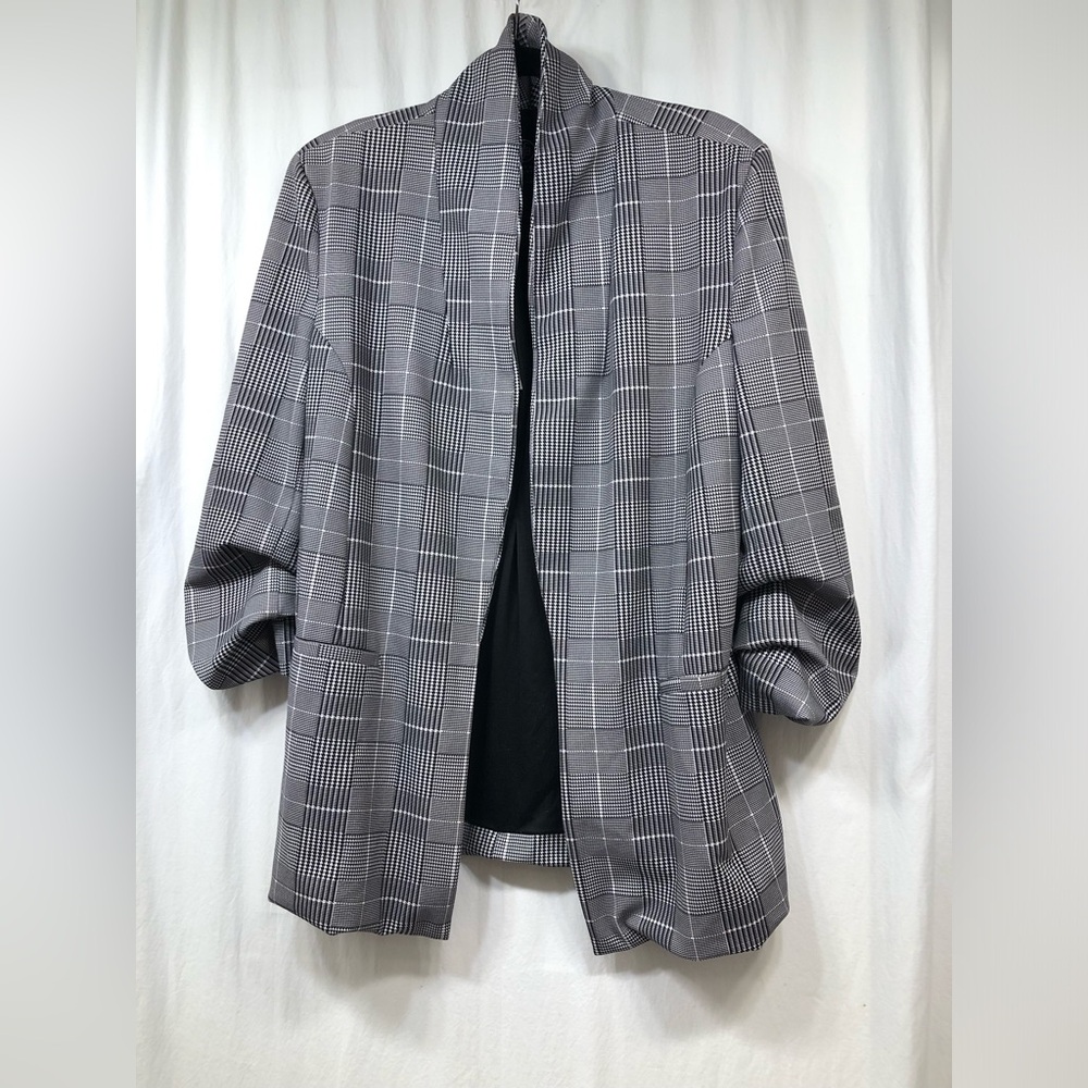 BoomBoom Jeans Houndstooth Blazer Jacket Open Front Gathered Sleeves XL